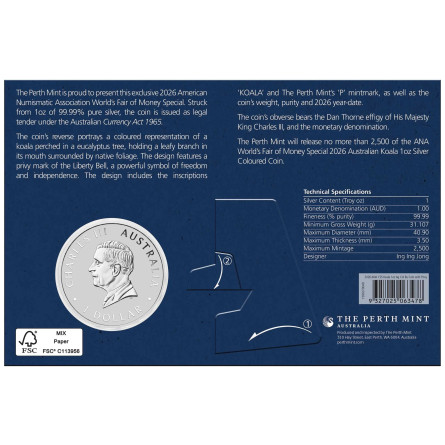 Srebrna Moneta Australijski Koala 2026 ANA, 1 uncja - back