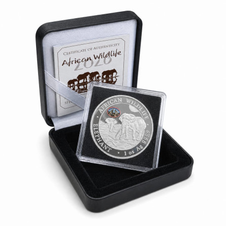 Srebrna Moneta Słoń Somalijski 2026 ANA Edition, 1 uncja - box