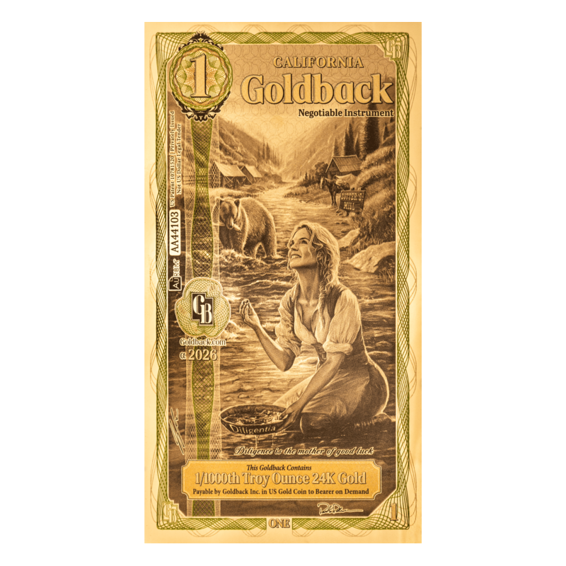 Złoty Banknot 1 California Gold Note ALPHA, 1/1000 uncji - front Złoty Banknot 1 California Gold Note ALPHA, 1/1000 uncji - front
