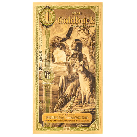 Złoty Banknot 1Utah Goldback Gold Note ALPHA, 1/1000 uncji