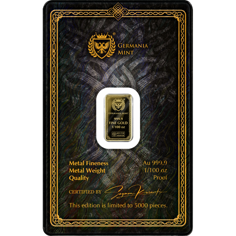 Gods of Germania Gold Bar: Thor, Proof, 1/100 ounce - back 2 Gods of Germania Gold Bar: Thor, Proof, 1/100 ounce - back 2