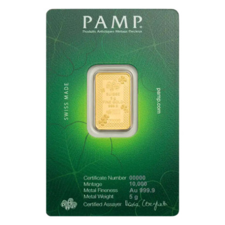 PAMP-Goldbarren „Lucky Charm Four-Leaf Clover“. 5 Gramm