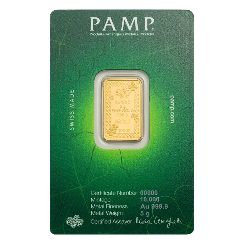 PAMP-Goldbarren „Lucky Charm Four-Leaf Clover“. 5 Gramm