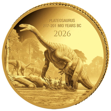 Goldmünze „Prehistoric Life – Plateosaurus 2026“, 0,5 Gramm – Vorderseite