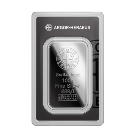 Срібний зливок Argor-Heraeus, 100 г — лицьова сторона