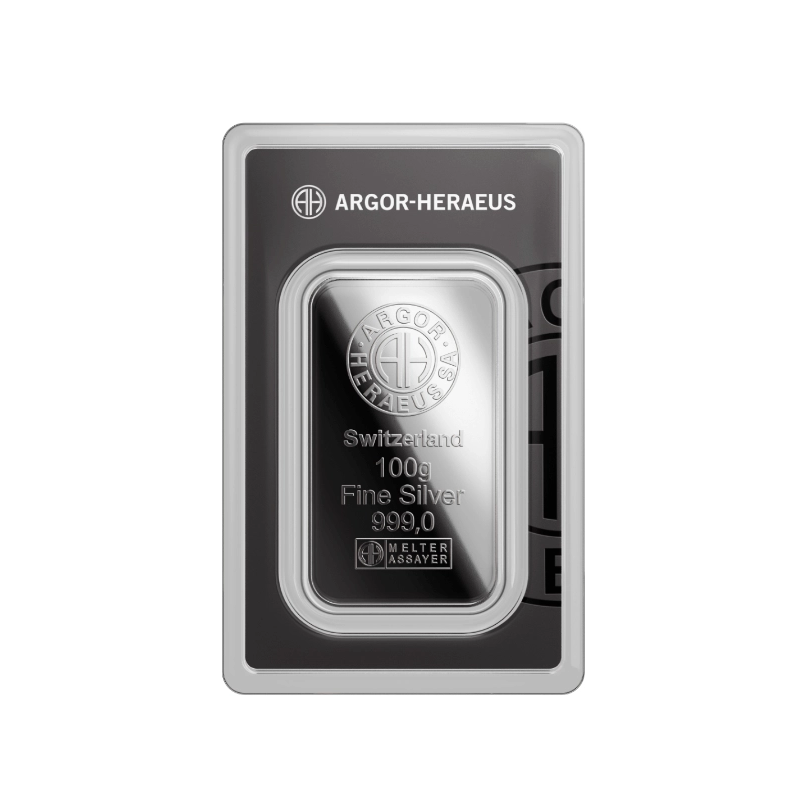 Срібний зливок Argor-Heraeus, 100 г — лицьова сторона Срібний зливок Argor-Heraeus, 100 г — лицьова сторона