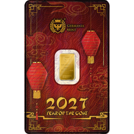 Goldbarren „Germania Mint – Jahr der Ziege 2027“, 1 Gramm – Vorderseite
