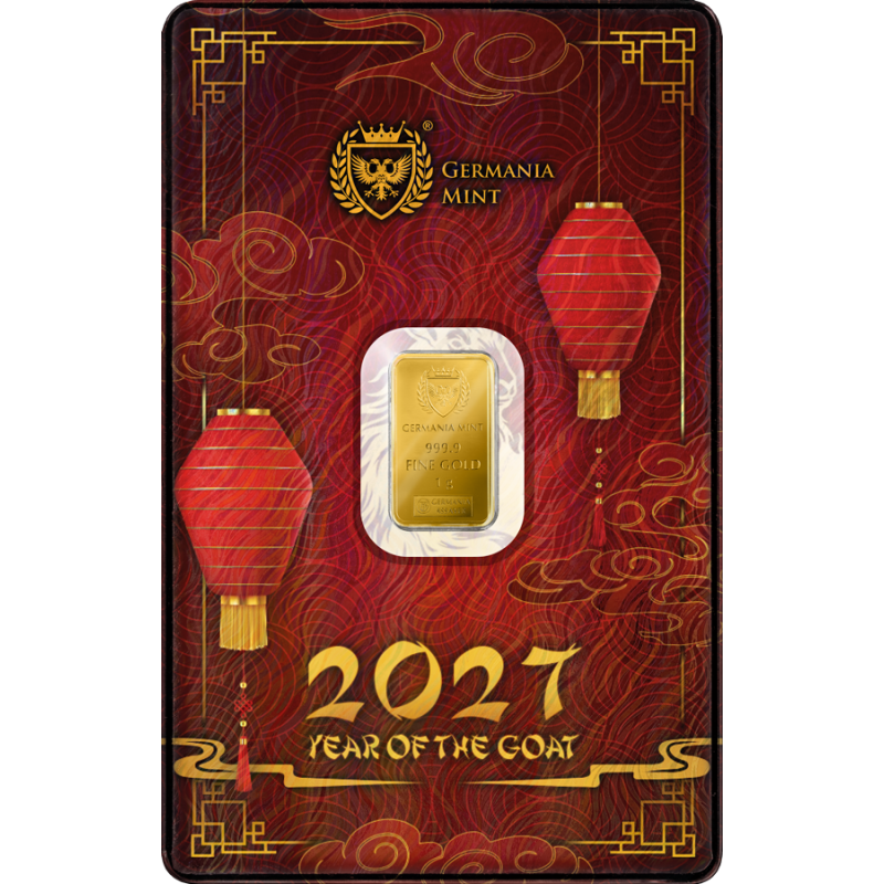 Goldbarren „Germania Mint – Jahr der Ziege 2027“, 1 Gramm – Vorderseite