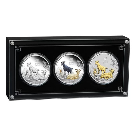 Silbermünzenset „Lunar III – Jahr der Ziege 2027“, Trio, 3 × 1 Unze – Box