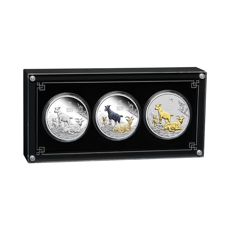 Silbermünzenset „Lunar III – Jahr der Ziege 2027“, Trio, 3 × 1 Unze – Box