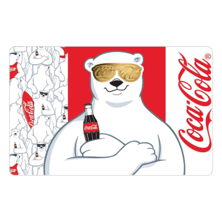 Goldbarren in der Coca-Cola-Karte „Bär mit Brille“, 1/1000 Unze – Vorderseite der Karte