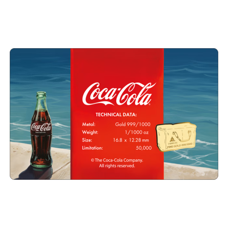 Złota Sztabka w karcie Coca-Cola Vintage Bag, 1/1000 uncji - card front