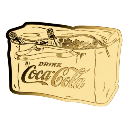 Золотий зливок у картці Coca-Cola Vintage Bag, 1/1000 унції — лицьова сторона злива