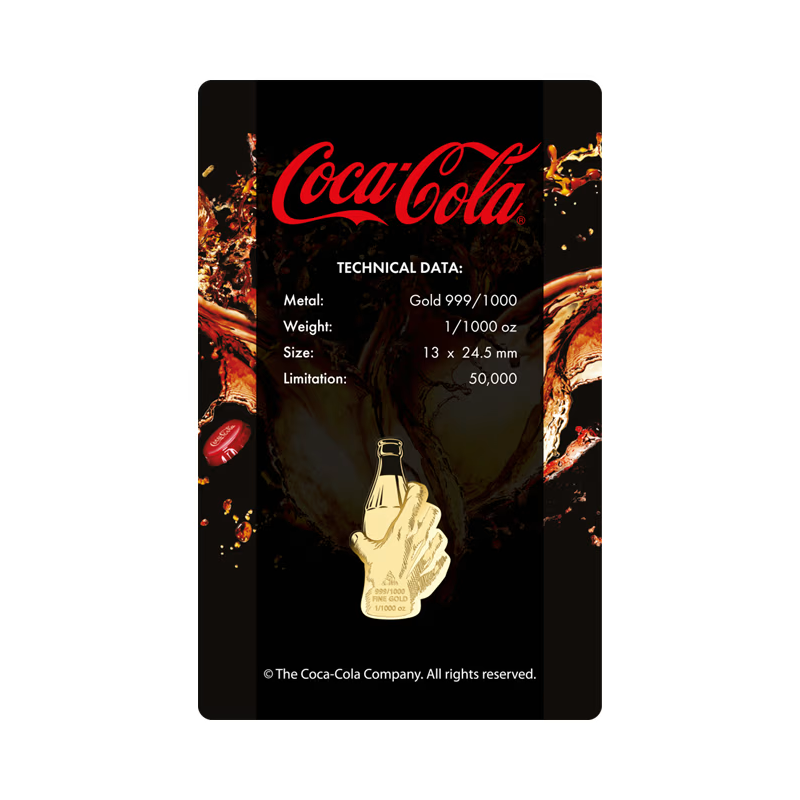 Goldbarren in der Coca-Cola Sparkling Pop-Art-Karte, 1/1000 Unze – Vorderseite der Karte Goldbarren in der Coca-Cola Sparkling Pop-Art-Karte, 1/1000 Unze – Vorderseite der Karte