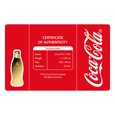 Złota Sztabka w karcie Coca-Cola Butelka, 1/1000 uncji - card front