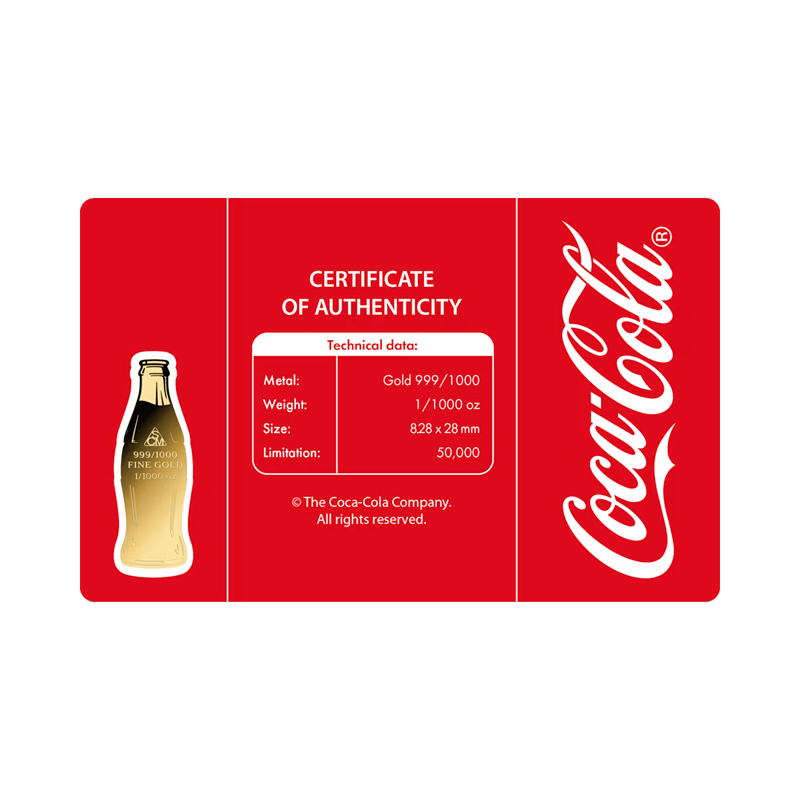Złota Sztabka w karcie Coca-Cola Butelka, 1/1000 uncji - card back Złota Sztabka w karcie Coca-Cola Butelka, 1/1000 uncji - card back