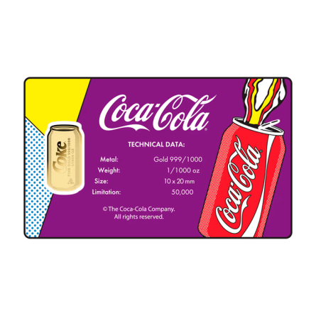Złota Sztabka w karcie Coca-Cola Puszka Pop-Art, 1/1000 uncji - card front