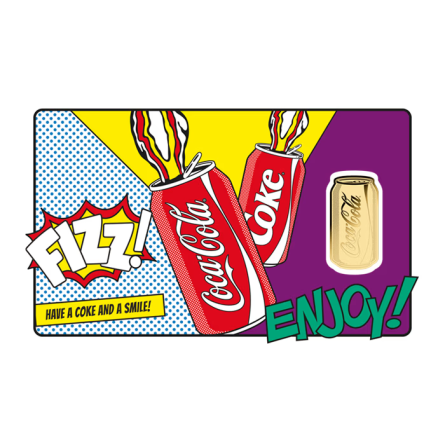 Золотий злиток у картці «Coca-Cola Puszka Pop-Art», 1/1000 унції — лицьова сторона картки