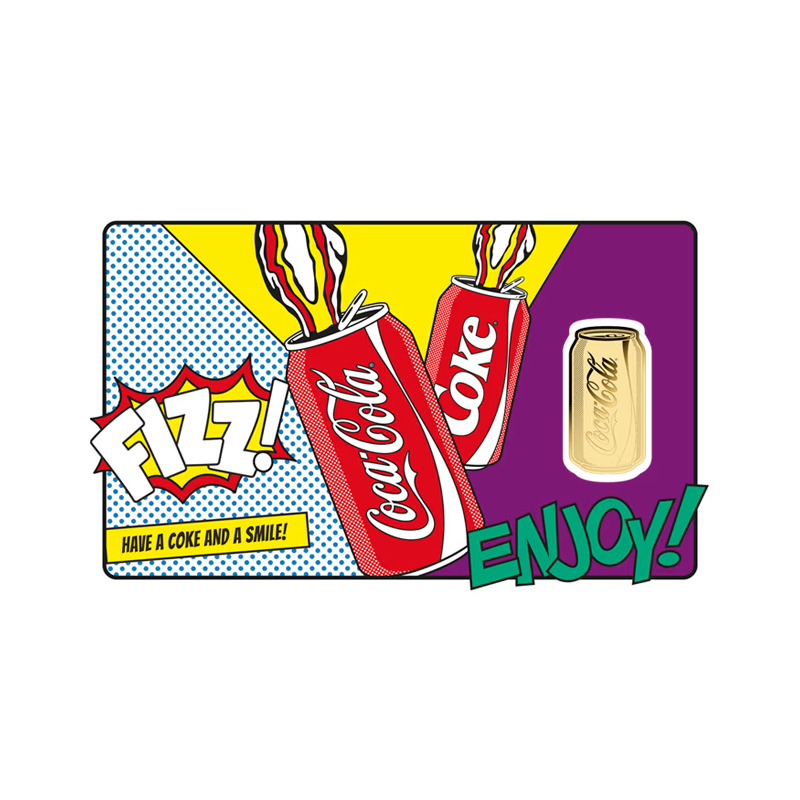 Золотий злиток у картці «Coca-Cola Puszka Pop-Art», 1/1000 унції — лицьова сторона картки Золотий злиток у картці «Coca-Cola Puszka Pop-Art», 1/1000 унції — лицьова сторона картки