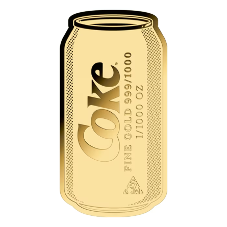 Золотий злиток на етикетці банки Coca-Cola «Pop-Art», 1/1000 унції — лицьова сторона злитка Золотий злиток на етикетці банки Coca-Cola «Pop-Art», 1/1000 унції — лицьова сторона злитка