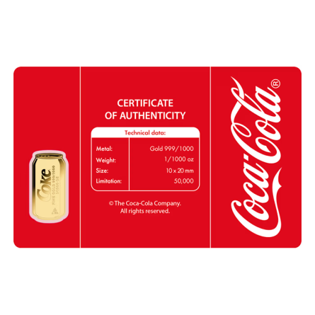 Золотий злиток у картці «Coca-Cola Puszka», 1/1000 унції — лицьова сторона картки