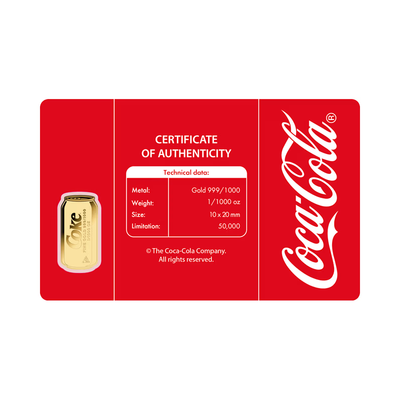 Золотий злиток у картці «Coca-Cola Puszka», 1/1000 унції — зворотний бік картки Золотий злиток у картці «Coca-Cola Puszka», 1/1000 унції — зворотний бік картки