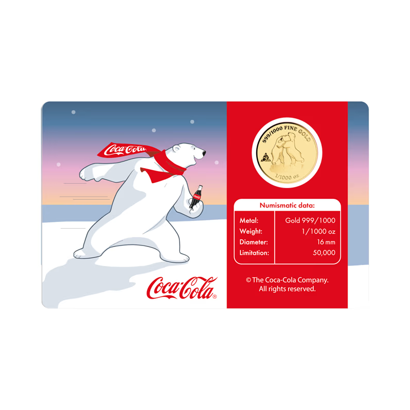 Złota Sztabka w karcie Coca-Cola Miś Polarny, 1/1000 uncji - card back Złota Sztabka w karcie Coca-Cola Miś Polarny, 1/1000 uncji - card back