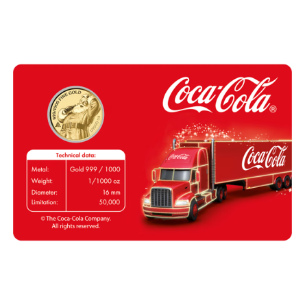 Goldmünze in der Coca-Cola-Karte „Lkw“, 1/1000 Unze – Rückseite der Karte Goldmünze in der Coca-Cola-Karte „Lkw“, 1/1000 Unze – Rückseite der Karte