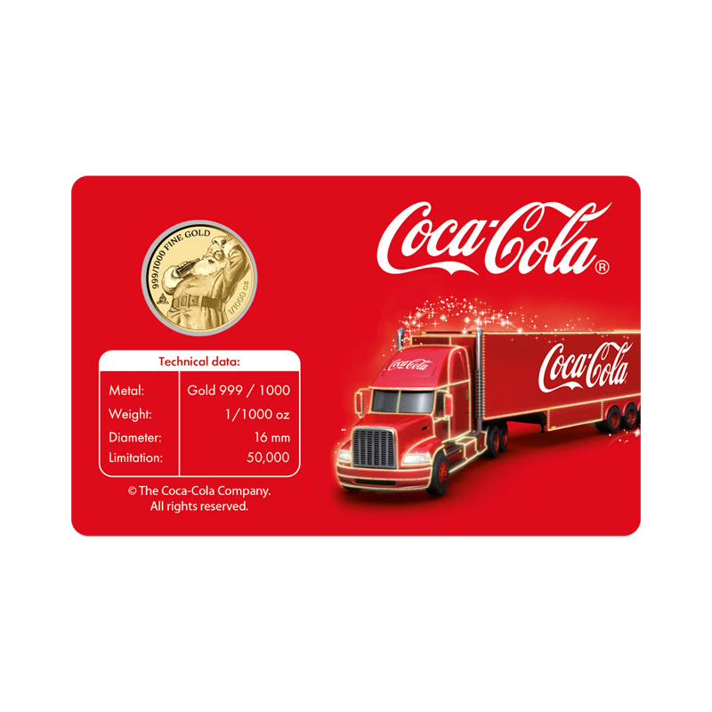 Goldmünze in der Coca-Cola-Karte „Lkw“, 1/1000 Unze – Rückseite der Karte Goldmünze in der Coca-Cola-Karte „Lkw“, 1/1000 Unze – Rückseite der Karte