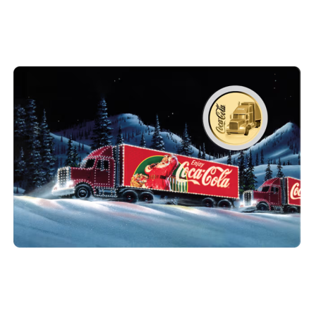 Золота монета в картці «Coca-Cola Truck», 1/1000 унції — лицьова сторона картки