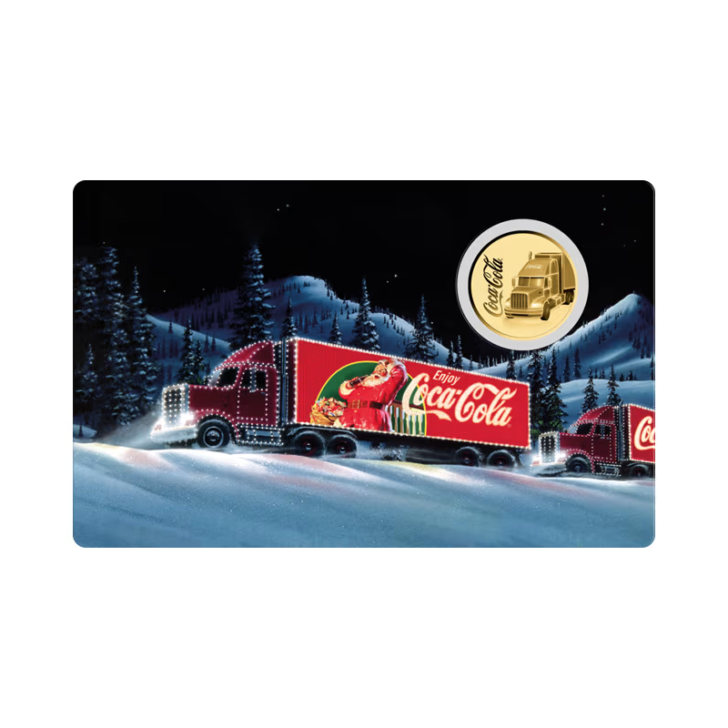 Goldmünze in der Coca-Cola-Karte „Lkw“, 1/1000 Unze – Vorderseite der Karte Goldmünze in der Coca-Cola-Karte „Lkw“, 1/1000 Unze – Vorderseite der Karte