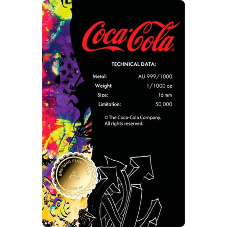 Złota Moneta w karcie Coca-Cola Butelka Pop-Art, 1/1000 uncji - card front