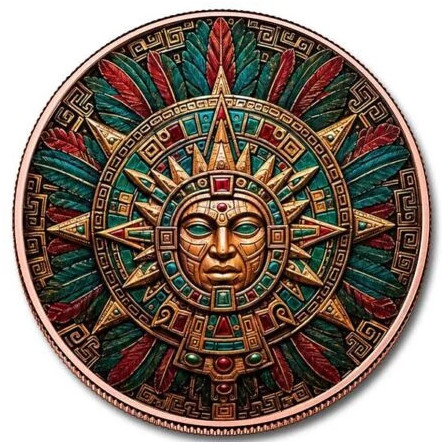 Aztec Sun Relic Color Copper Medal, 5 ounces - coin front
