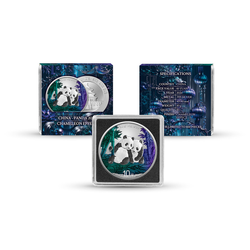 2026 Chinese Panda Silver Coin with Chameleon Effect, 30 grams - box