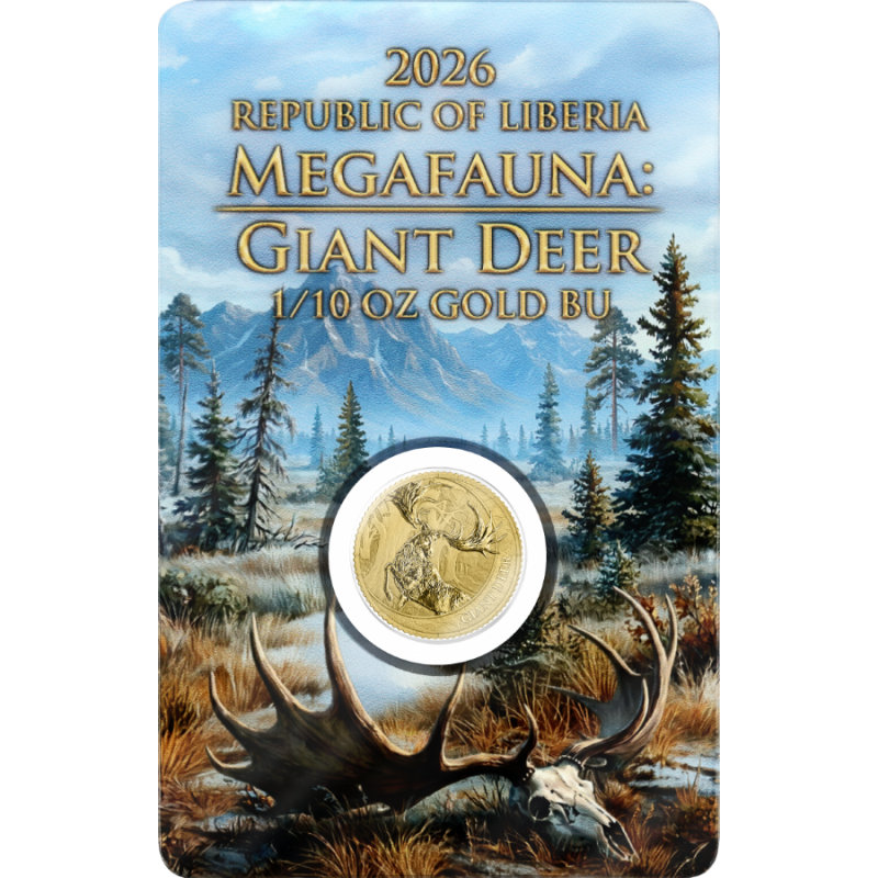 Золота монета Germania Mint Megafauna: Гігантський олень 2026, 1/10 унції — аверс 1 Золота монета Germania Mint Megafauna: Гігантський олень 2026, 1/10 унції — аверс 1