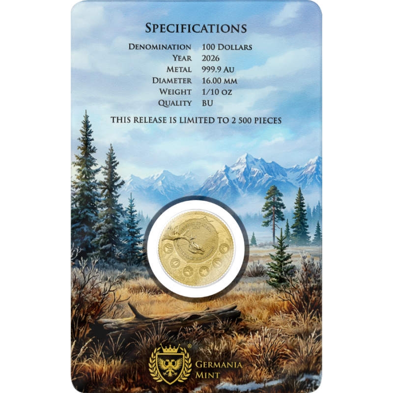 Goldmünze „Germania Mint Megafauna: Riesenhirsch“ 2026, 1/10 Unze – Rückseite