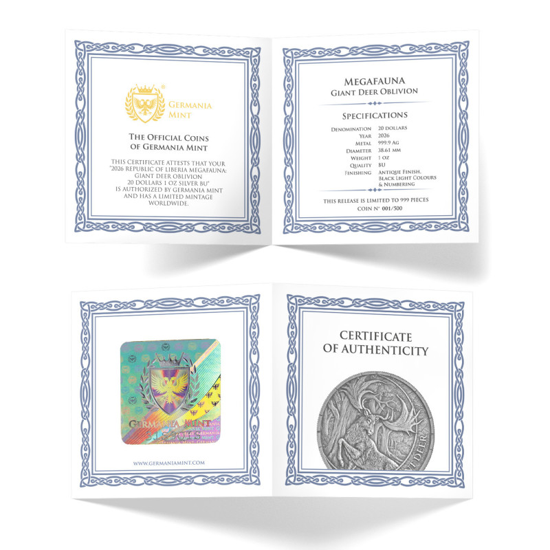 Silbermünze „Germania Mint Megafauna: Riesenhirsch“ 2026 UHR, 2 Unzen Silbermünze „Germania Mint Megafauna: Riesenhirsch“ 2026 UHR, 2 Unzen