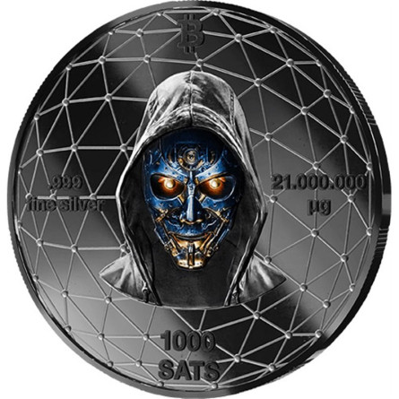 Silbermedaille „Bitcoin Genesis“ 1000 SATS, 21 Gramm, schwarzes Ruthenium – Rückseite Silbermedaille „Bitcoin Genesis“ 1000 SATS, 21 Gramm, schwarzes Ruthenium – Rückseite