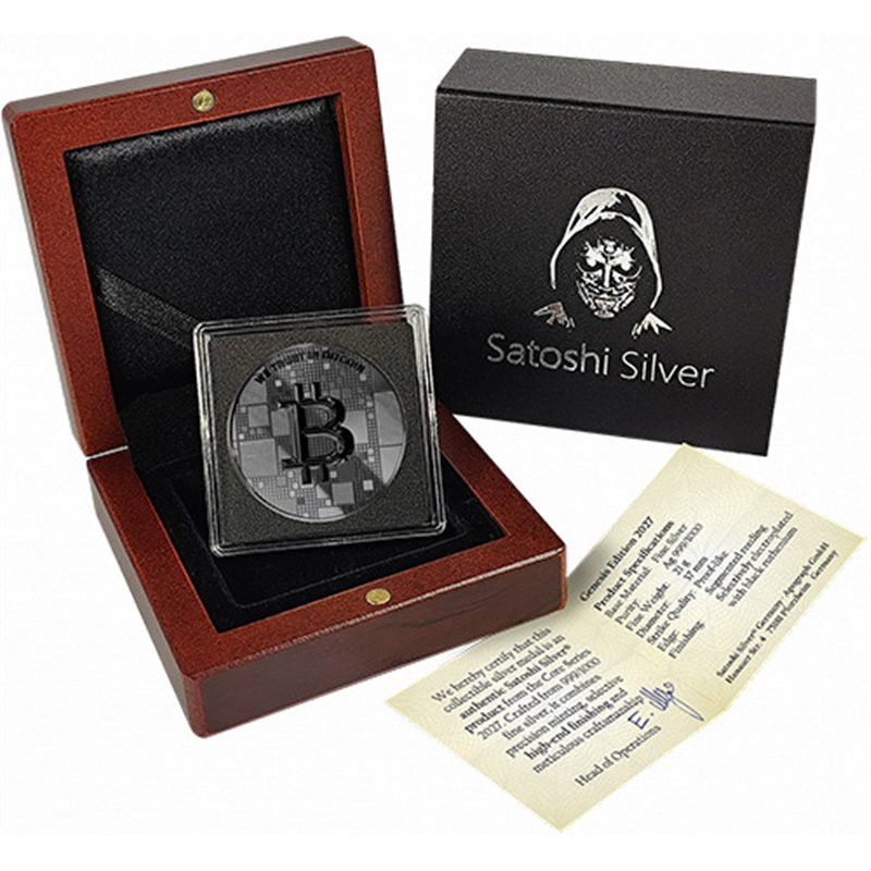 Silbermedaille „Bitcoin Genesis“ 1000 SATS, 21 Gramm, Black Ruthenium – Box Silbermedaille „Bitcoin Genesis“ 1000 SATS, 21 Gramm, Black Ruthenium – Box