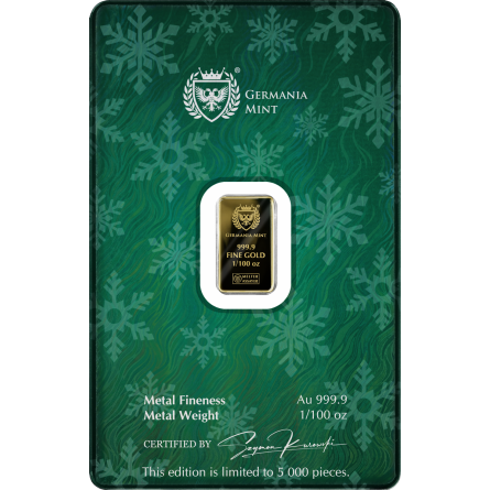 Złota Sztabka Germania Mint: Christmas Bell Proof, 1/100 uncji - card front