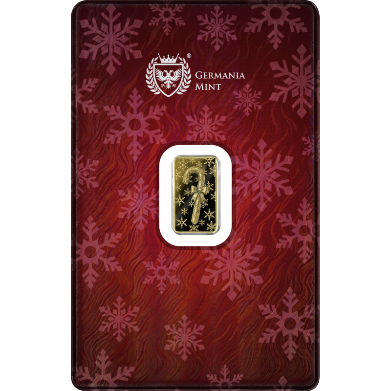 Goldbarren „Germania Mint Candy Cane Proof“, 1/100 Unze, Vorderseite Goldbarren „Germania Mint Candy Cane Proof“, 1/100 Unze, Vorderseite