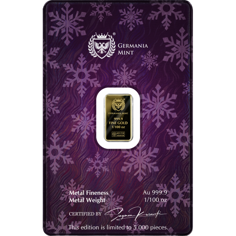Золотий зливок «Germania Gingerbread Man Proof», 1/100 унції — з картонною підкладкою Золотий зливок «Germania Gingerbread Man Proof», 1/100 унції — з картонною підкладкою