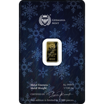 Złota Sztabka Germania Mint Nutcracker Proof, 1/100 uncji - front
