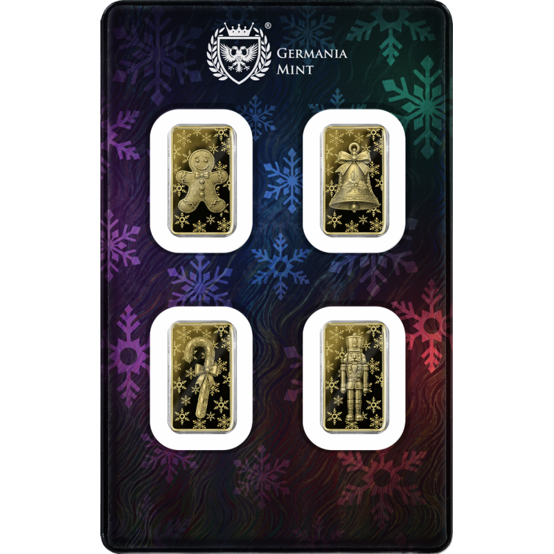 Zestaw Złotych Sztabek Germania Mint Christmas 4x 1/200 uncji - front Zestaw Złotych Sztabek Germania Mint Christmas 4x 1/200 uncji - front