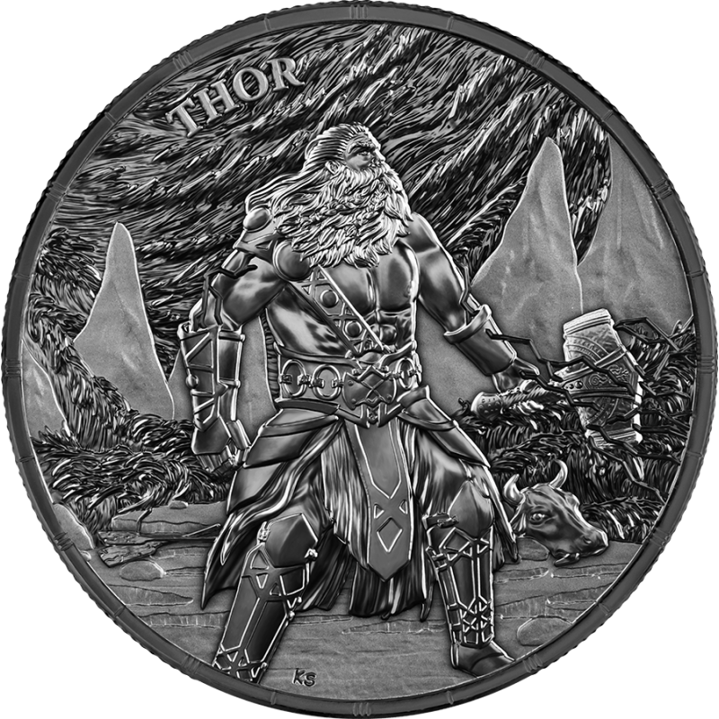 Replik der Silbermünze „Ragnarök: Heimdall 2025“, 1 Unze (Black BU) – Vorderseite Replik der Silbermünze „Ragnarök: Heimdall 2025“, 1 Unze (Black BU) – Vorderseite