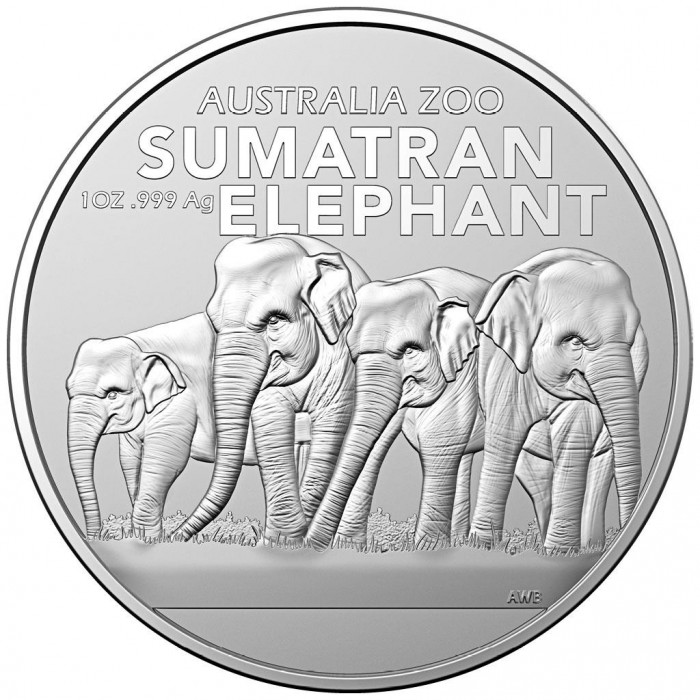Australien Zoo Silbermünze: Sumatra-Elefant 2022, 1 Unze - Rückseite Australien Zoo Silbermünze: Sumatra-Elefant 2022, 1 Unze - Rückseite