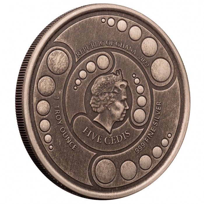 Silber Alien Münze, Ghana 2022, 1 oz (antik) Vorderseitenrand Silber Alien Münze, Ghana 2022, 1 oz (antik) Vorderseitenrand