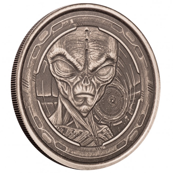 Silver Alien Coin, Ghana 2022, 1 oz (antique) reverse edge Silver Alien Coin, Ghana 2022, 1 oz (antique) reverse edge