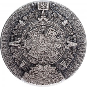Silver Numismatic Aztec Sun Stone, 2 oz - obverse