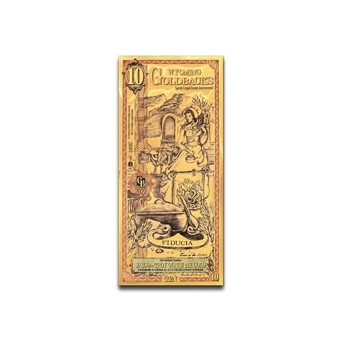 Złoty Banknot 10 Wyoming Goldbacks Gold Note, 1/100 uncji - front Złoty Banknot 10 Wyoming Goldbacks Gold Note, 1/100 uncji - front